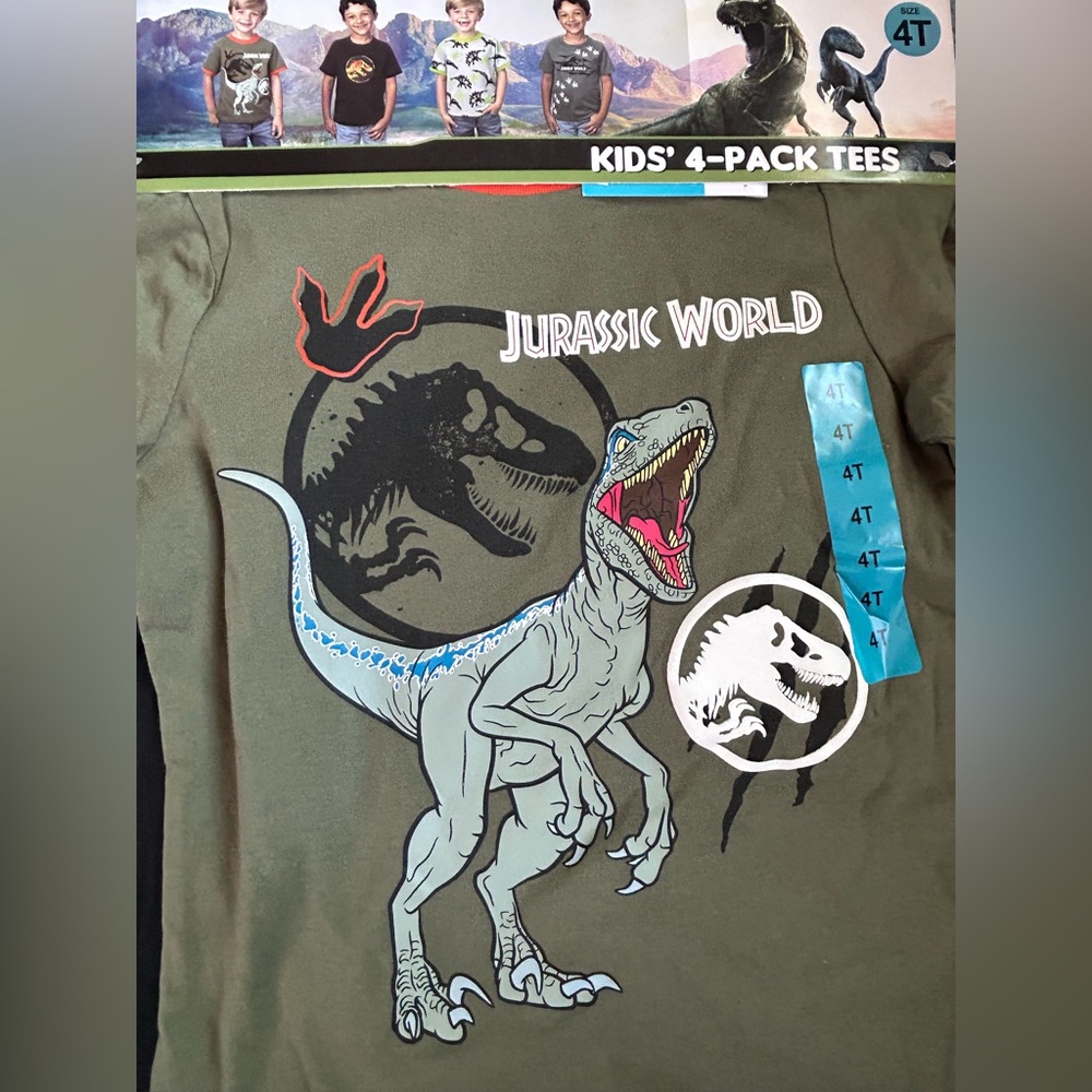 Jurassic World Kids 4 Pack T Shirts 4T Dinosaur Graphic Tees NWT